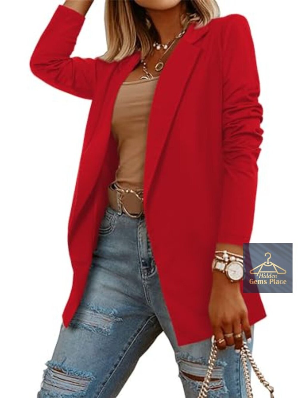 Womens Open Front Business Blazer Hidden Hook Cotton Blend